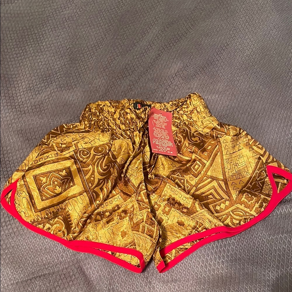 Elastic Waist Gold and Red Satin Shorts with Pockets